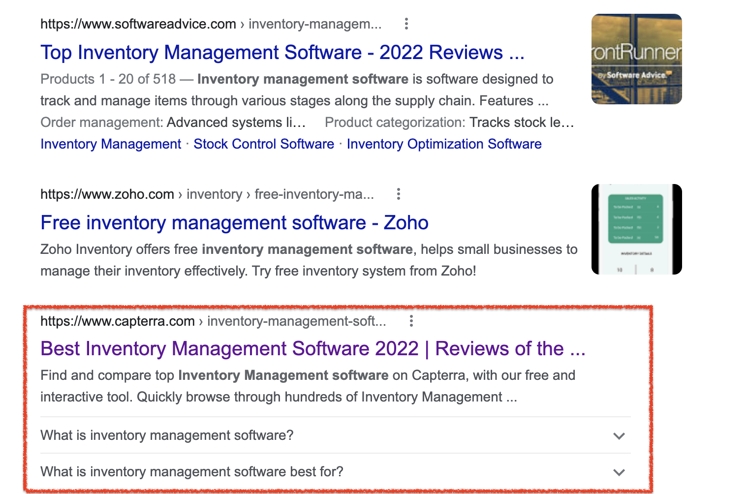 Google results page of best inventory management software options in 2022