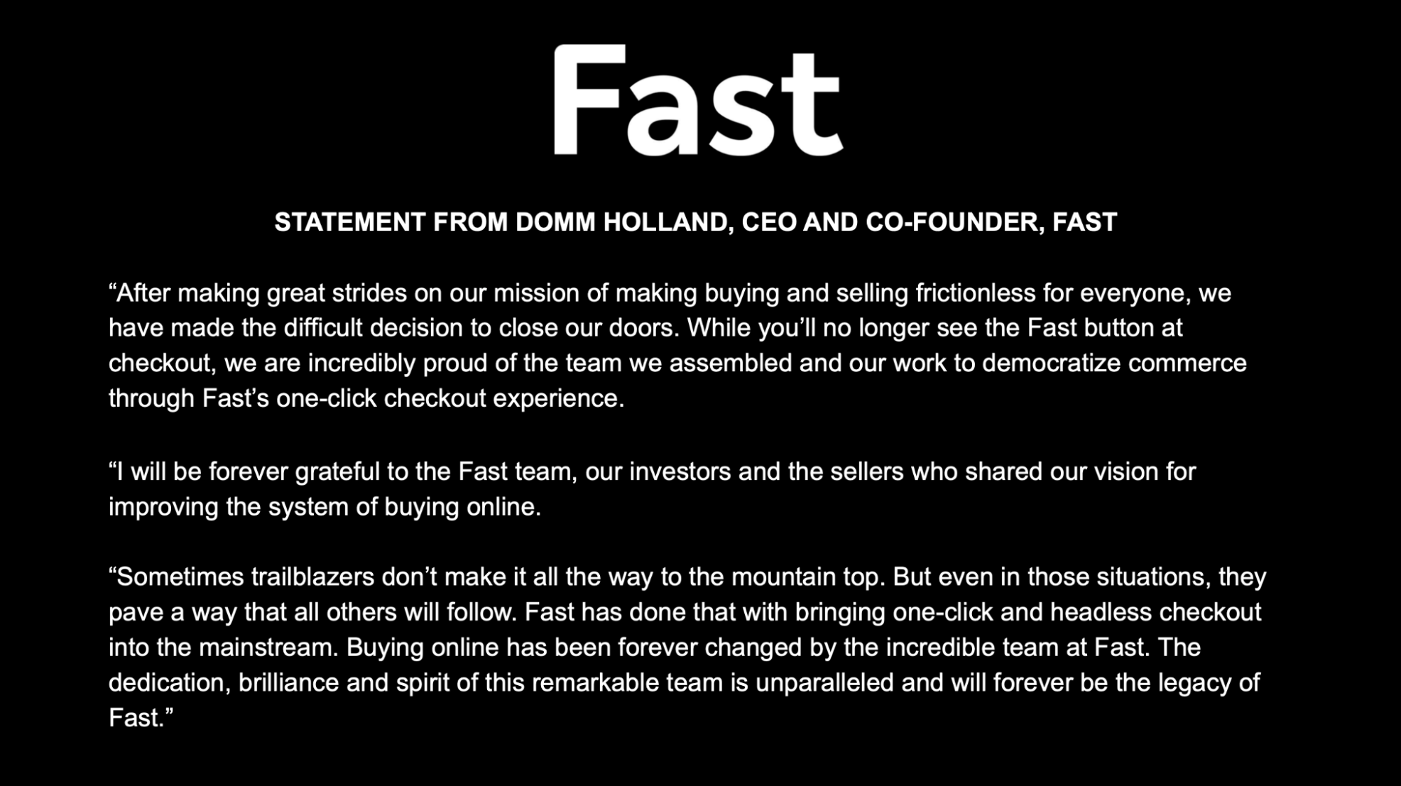 statement from Fast CEO Domm Holland