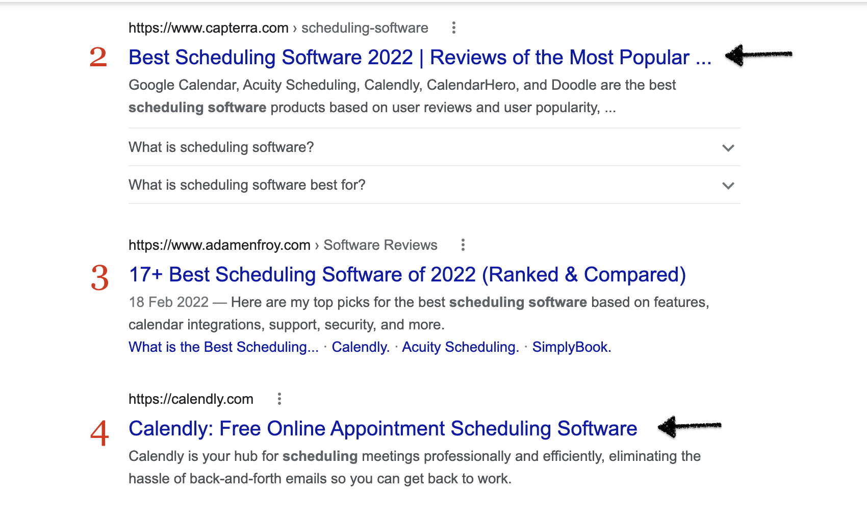 search engine results page for "scheduling software"