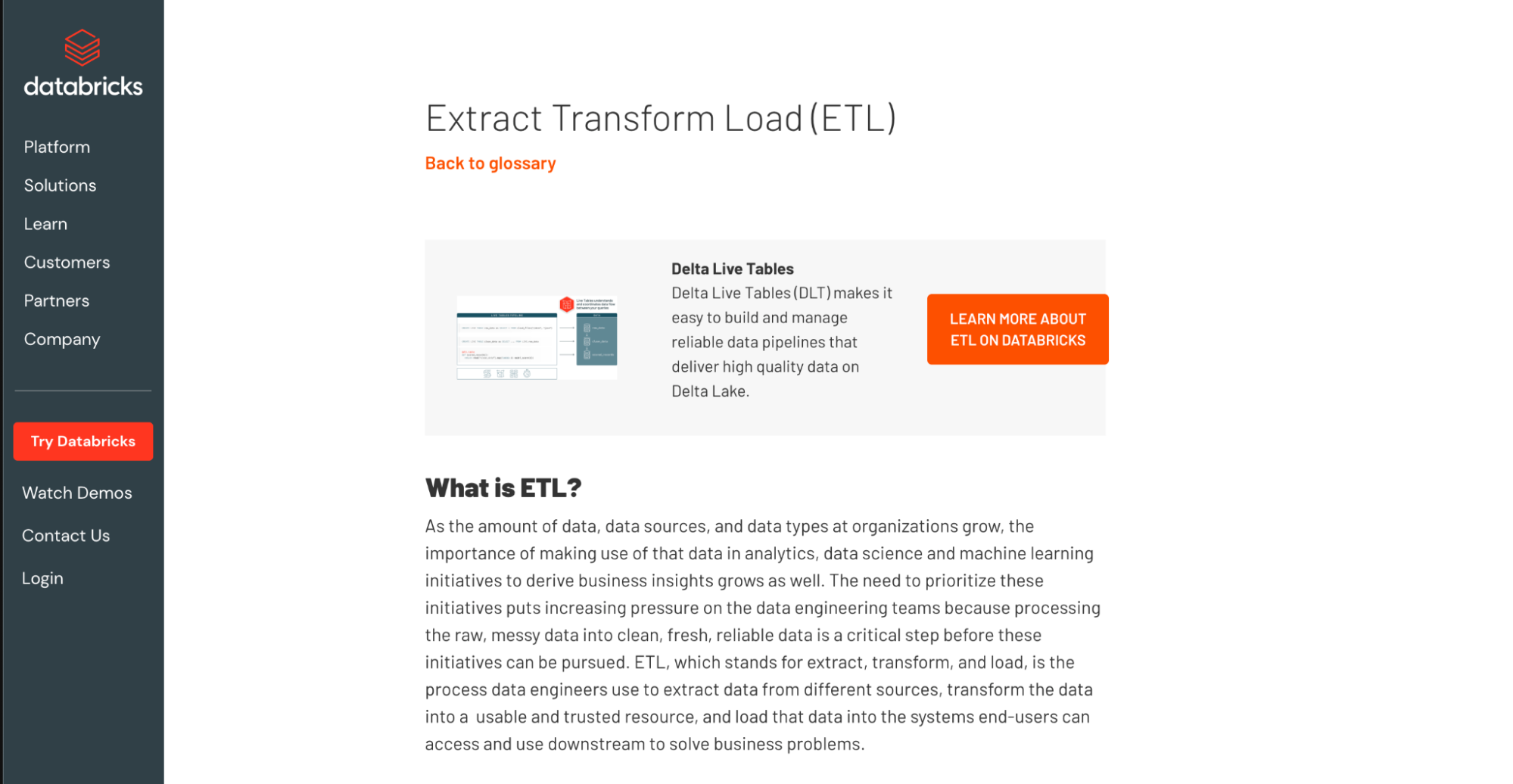 Databricks glossary page for Extract Transform Load (ETL)