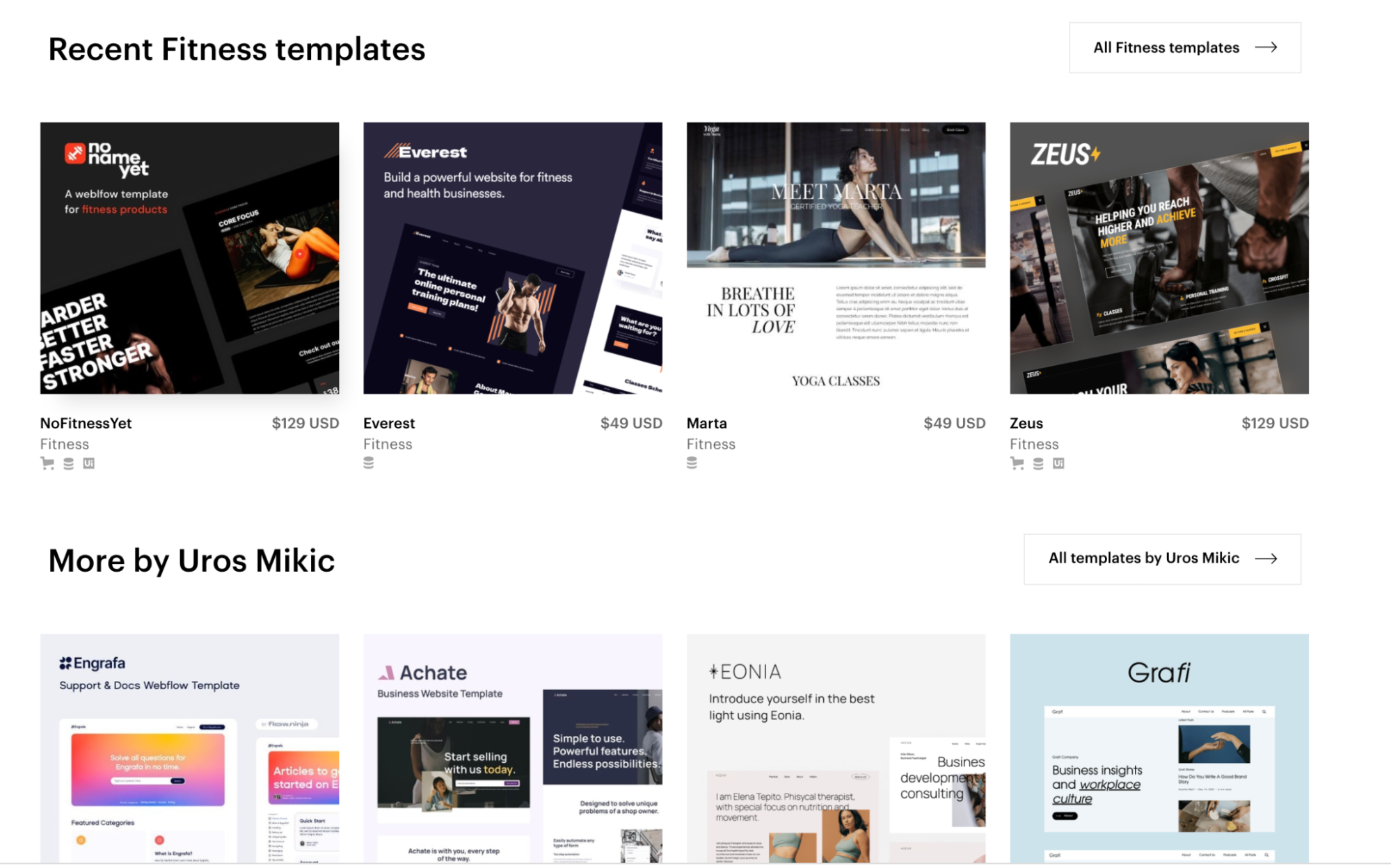 Webflow recommendations for recent fitness templates and more by the template creator