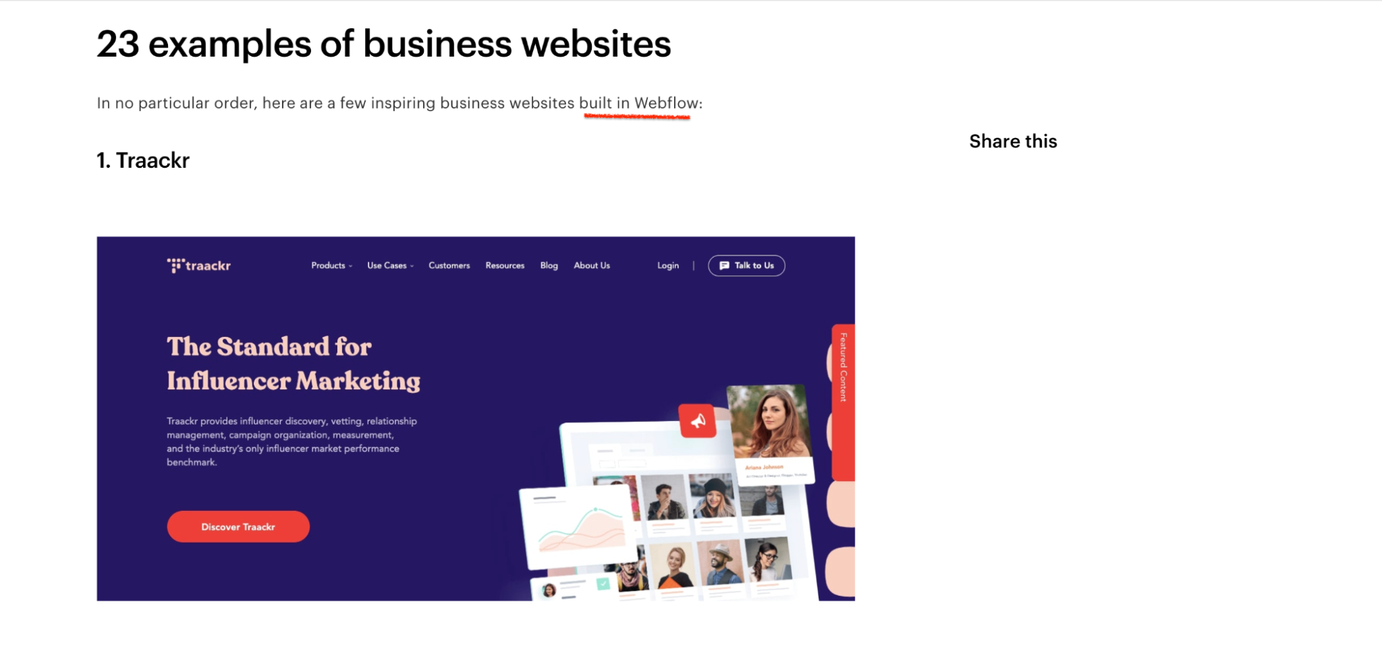 blog post of "23 examples of business websites" built in Webflow