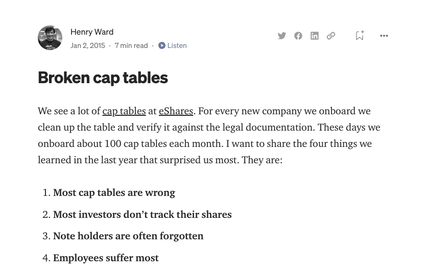 Carta article about broken cap tables