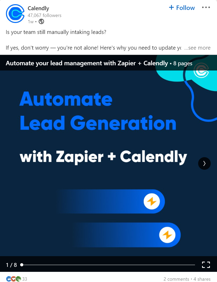 calendly linkedin post promoting how to automate lead generation with zapier and calendly