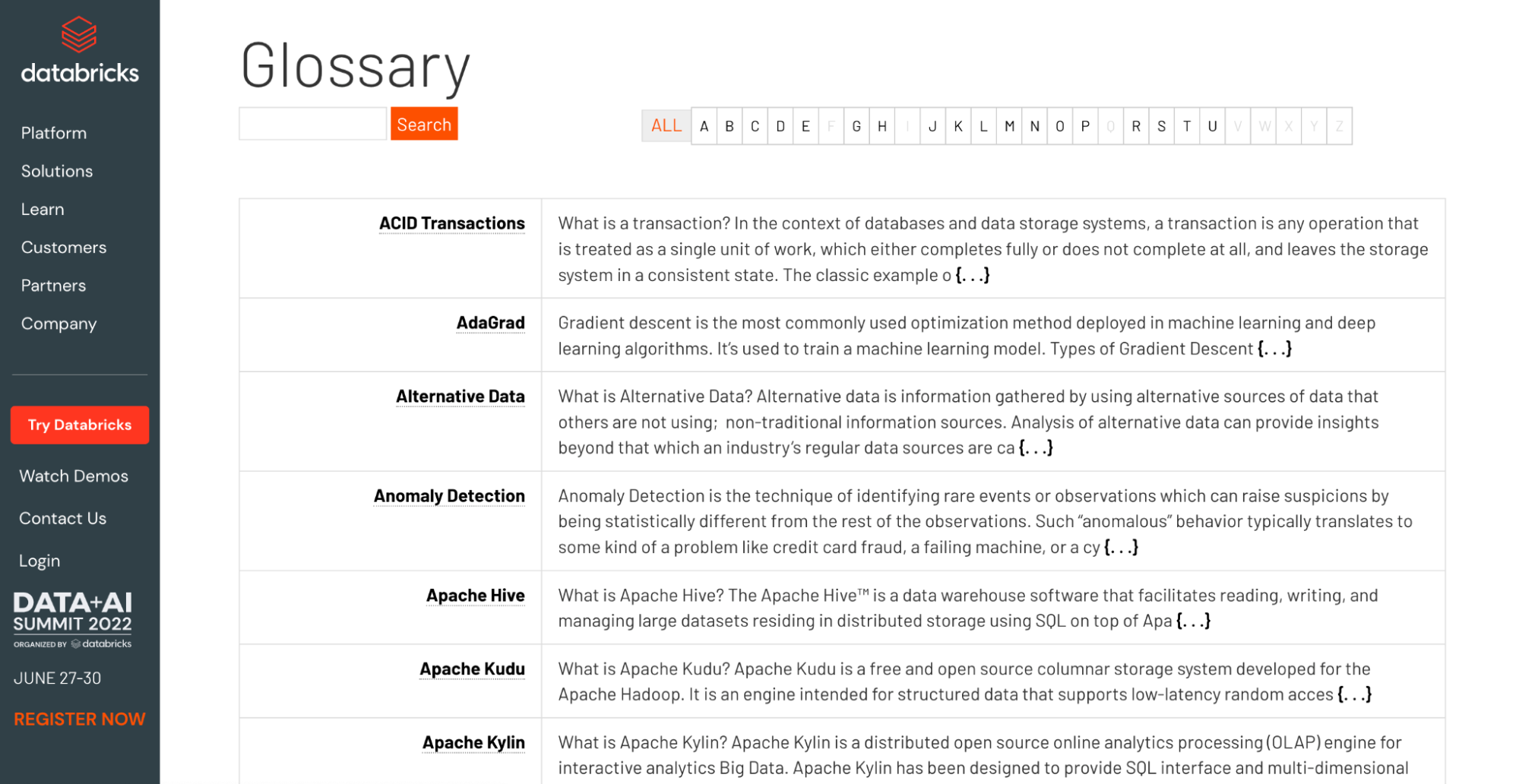 databricks glossary page
