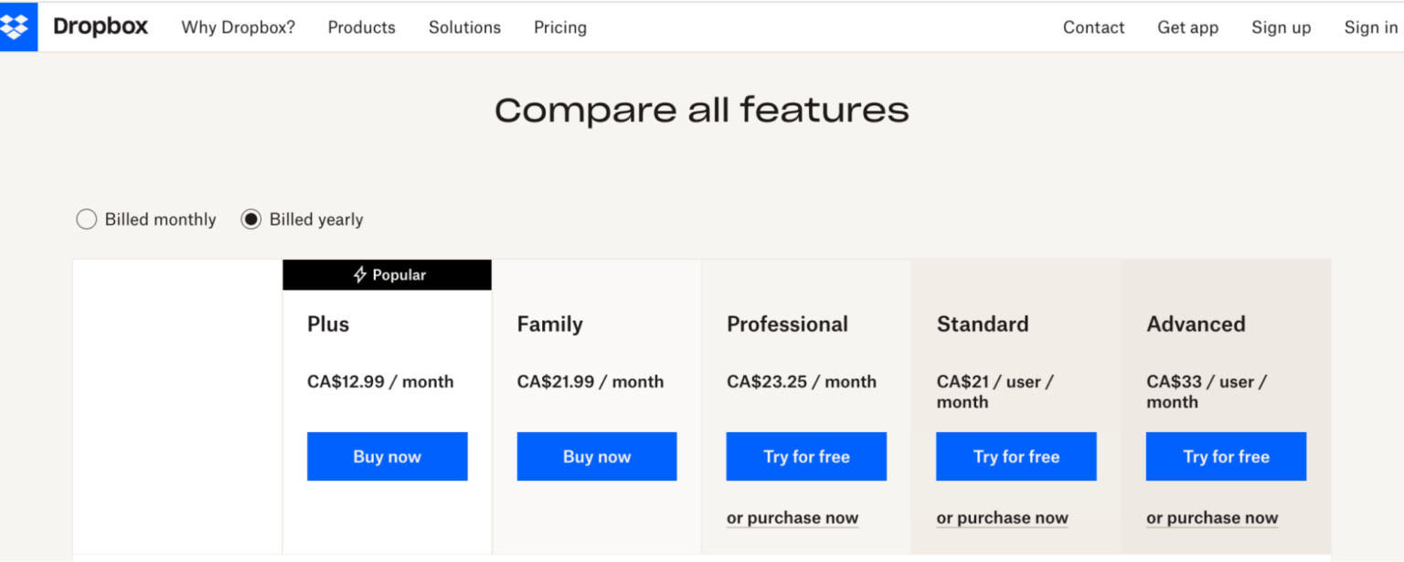 Dropbox pricing