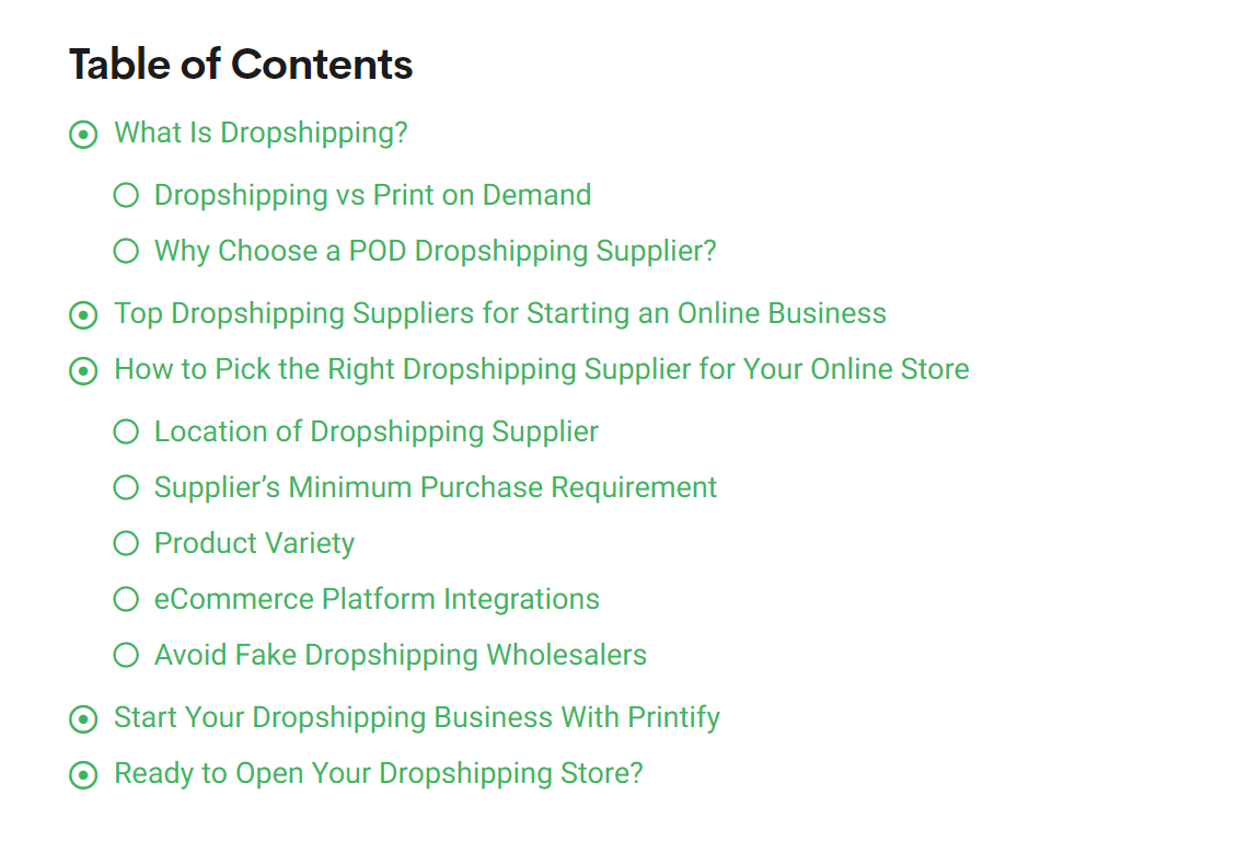 The table of contents from a Printify blog post that makes it easy for readers to navigate the content