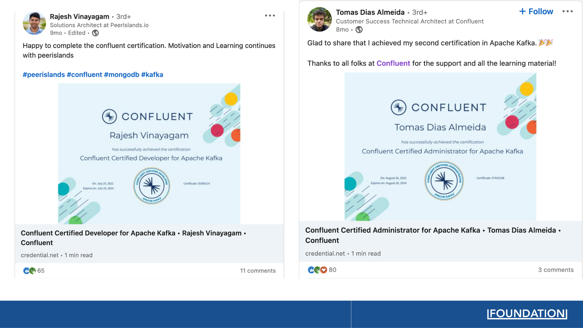 Tech Professionals showing off their Confluent certifications on LinkedIn. 