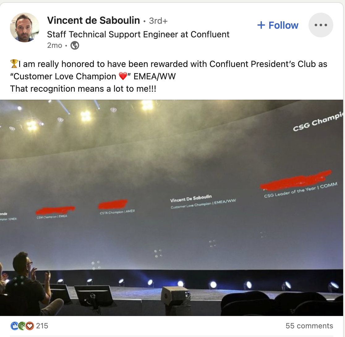 Confluent shoutout on LinkedIn