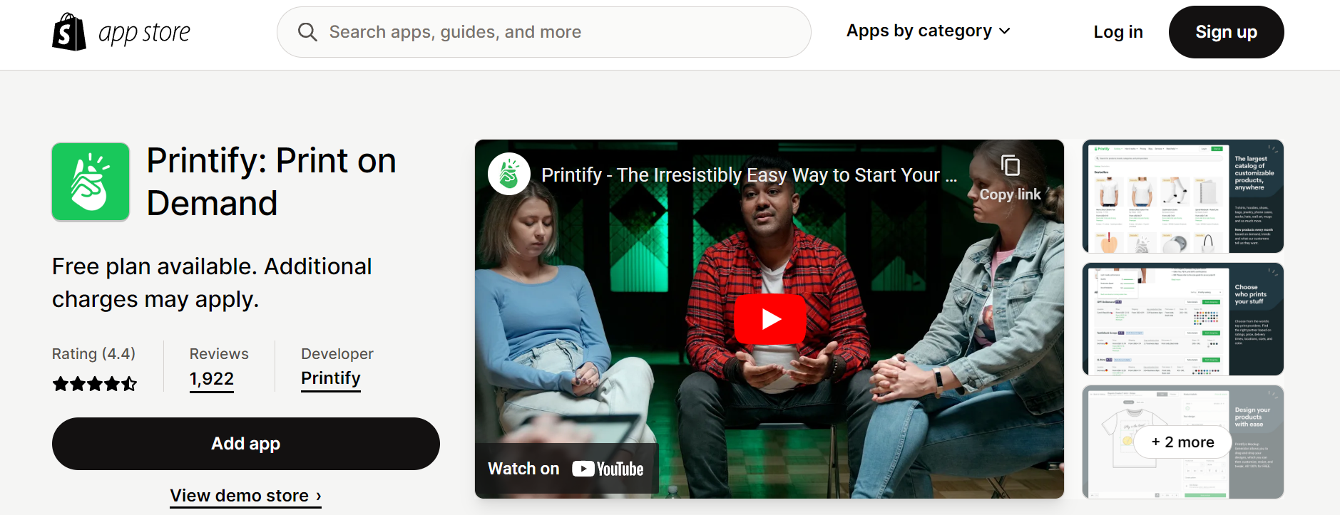 Printify’s app page within the Shopify App Store helps direct new customers to the site