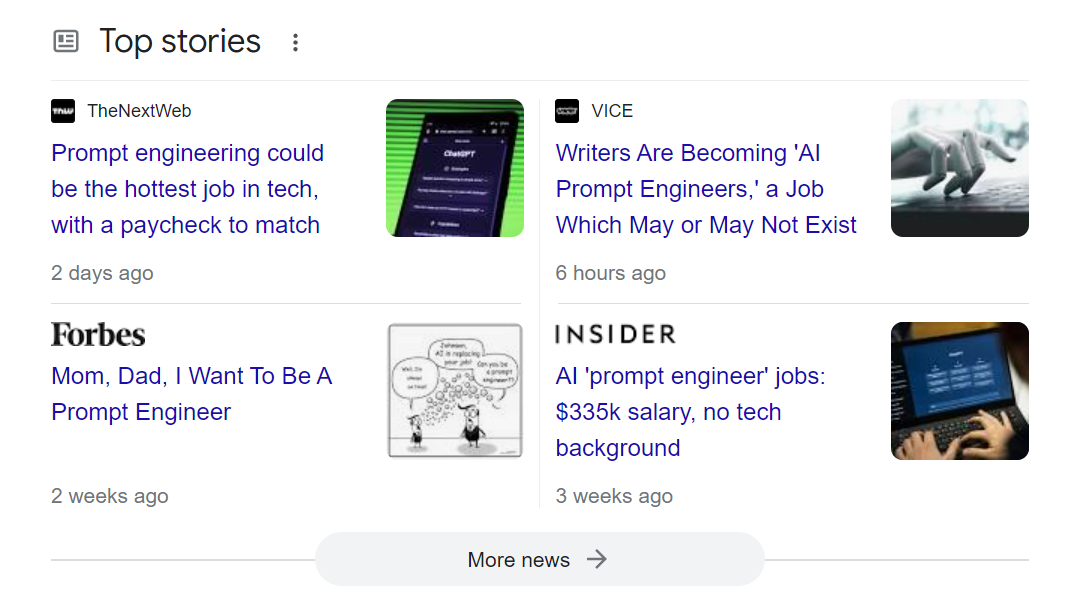 Google shows an increase of new coverage on high-paying prompt engineering jobs.