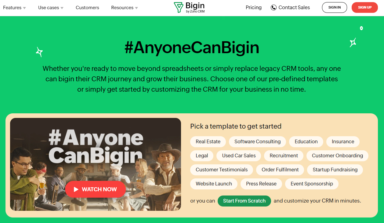 Bigin's home page is designed to empower small business owners and drive conversions.