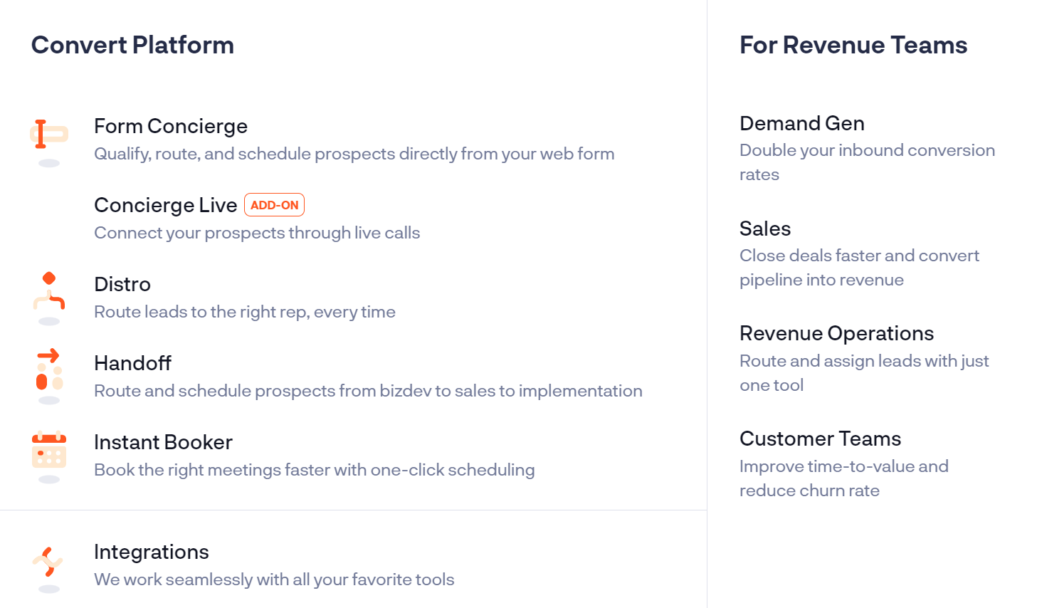 Chili Piper's product menu explains how it targets each section of its B2B revenue team audience.