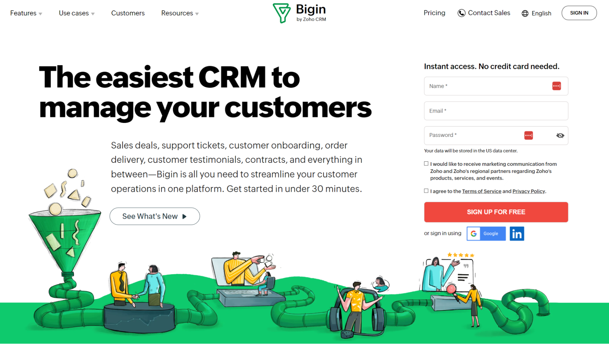the Bigin landing page is designed to quickly convert small business owners into users