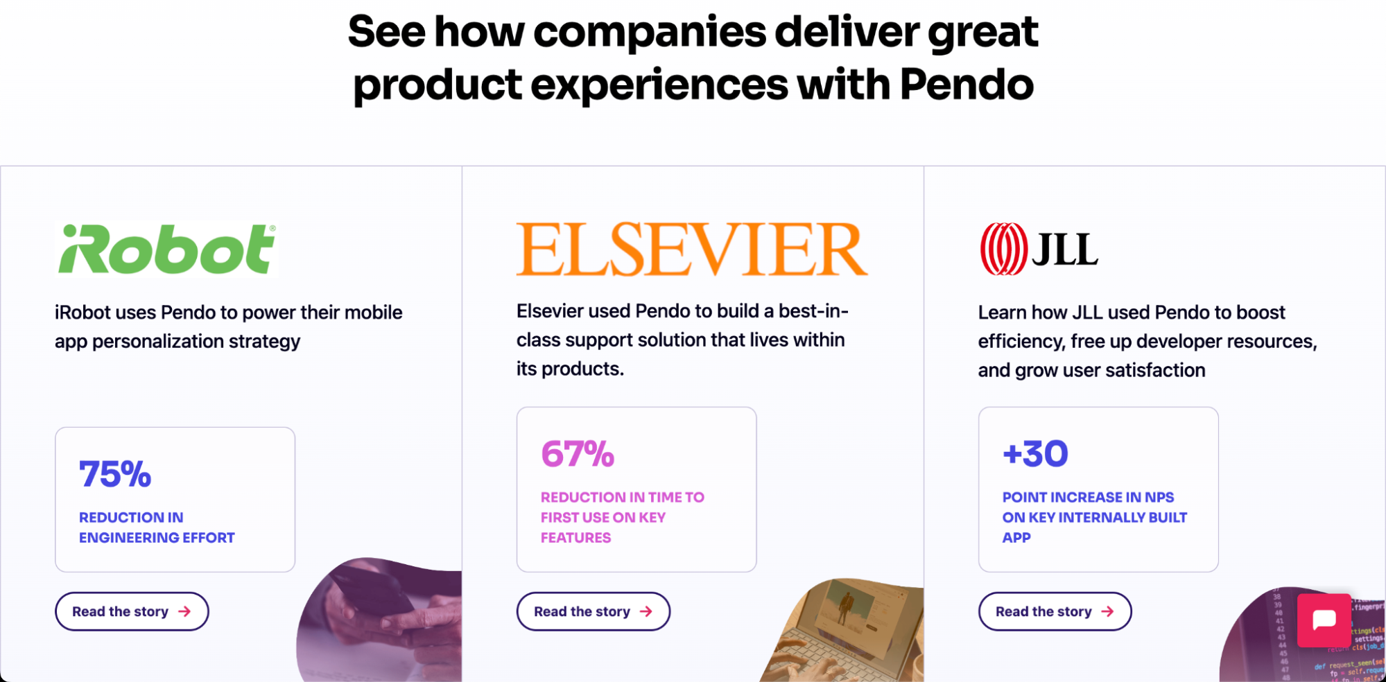 Pendo showcases its customer success stories on its main landing pages.