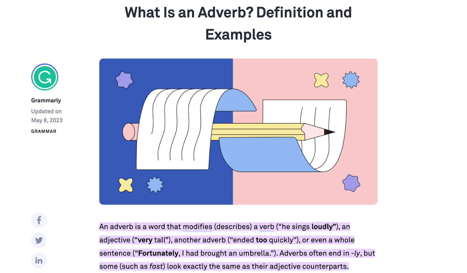 Cover image for Grammarly's "What is an Adverb" blog post