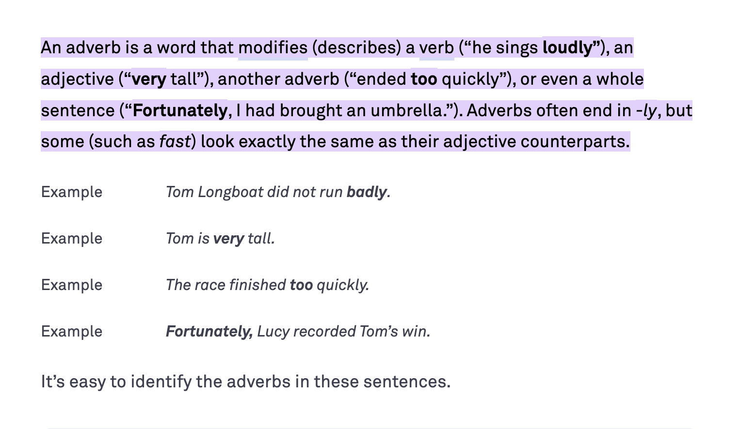 Intro and examples from Grammarly's What is an Adverb blog post