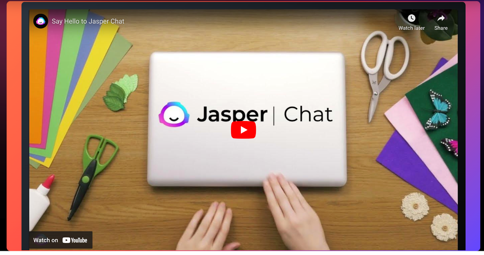 A YouTube video for Jasper Chat is embedded on the product page