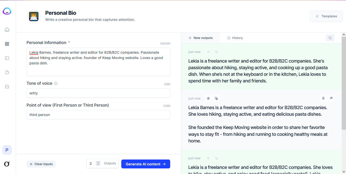 Jasper's Personal Bio tool helps users easily generate bios for web and social