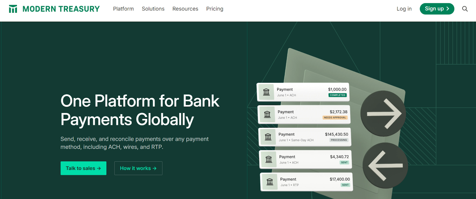 Landing page for Modern Treasury's payment processing tool