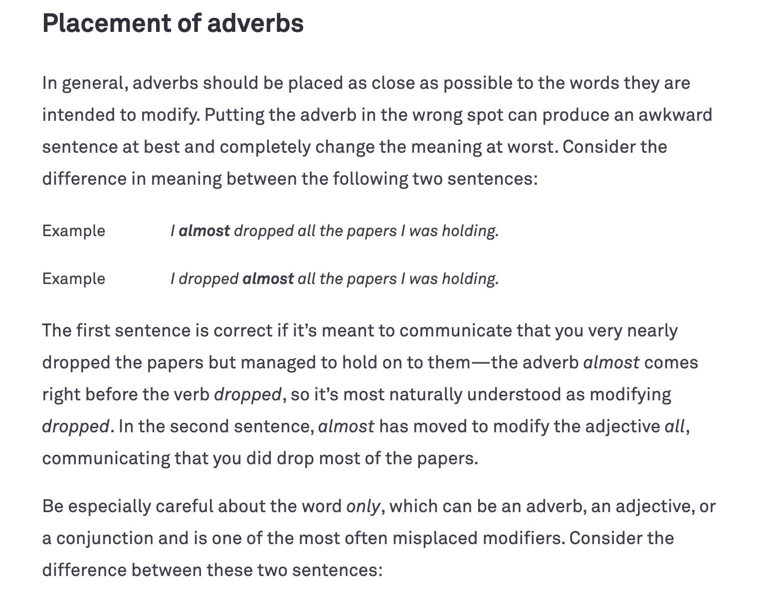 Grammarly blog post explaining how to place adverbs