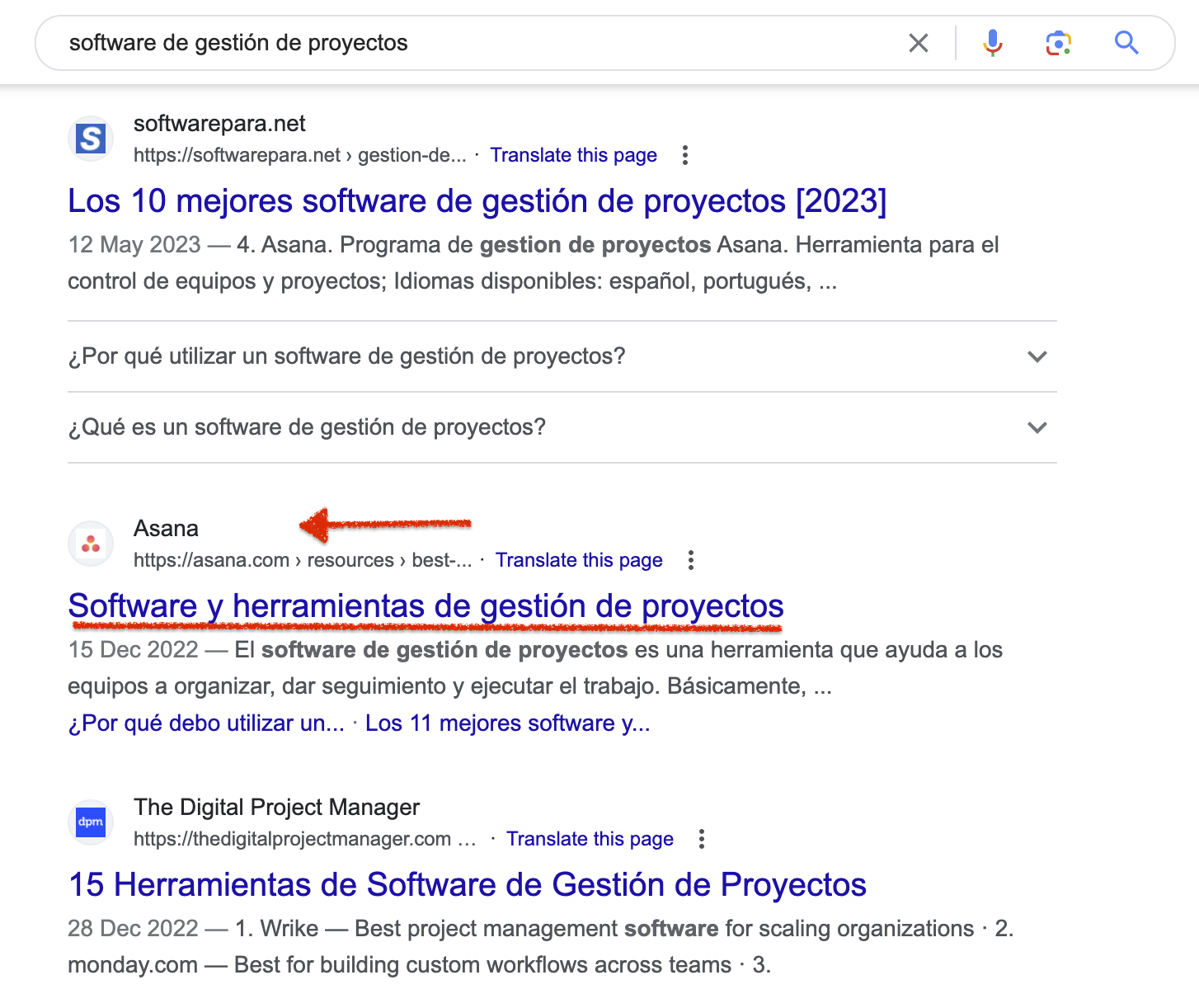 Google search results for project management software in Spanish