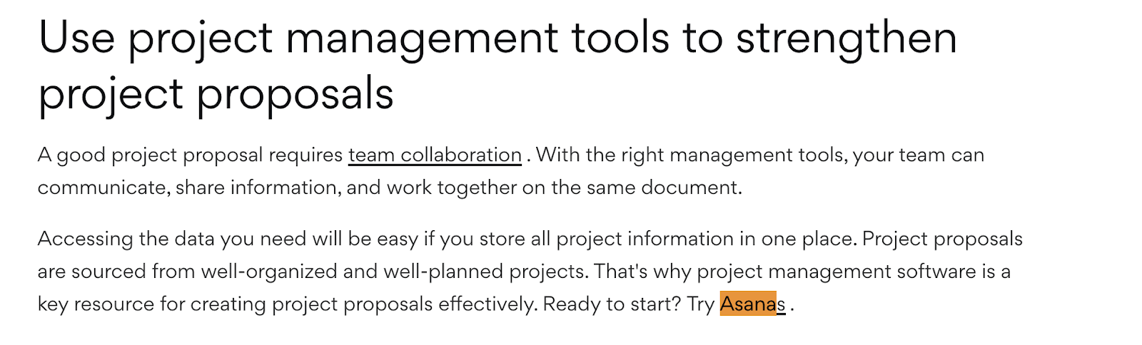 Asana casually mentions its product in the conclusion, unlike Ahrefs