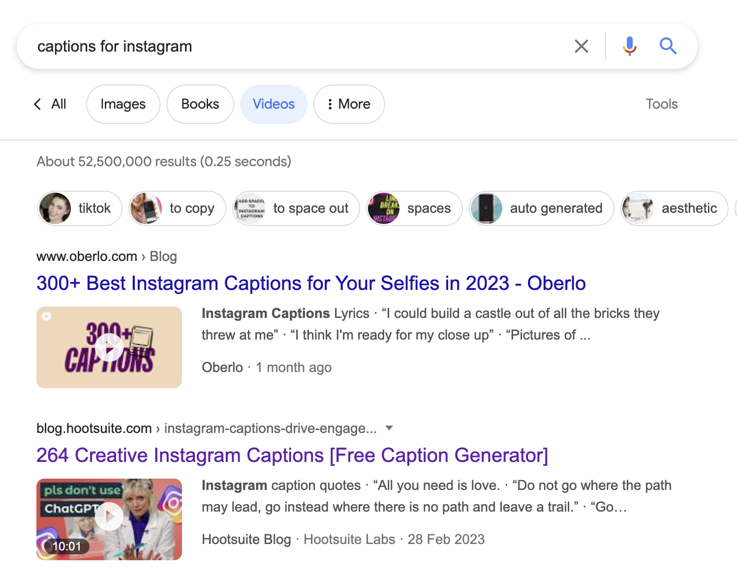 Top Pages on Google's SERP for the keyword "captions for Instagram."
