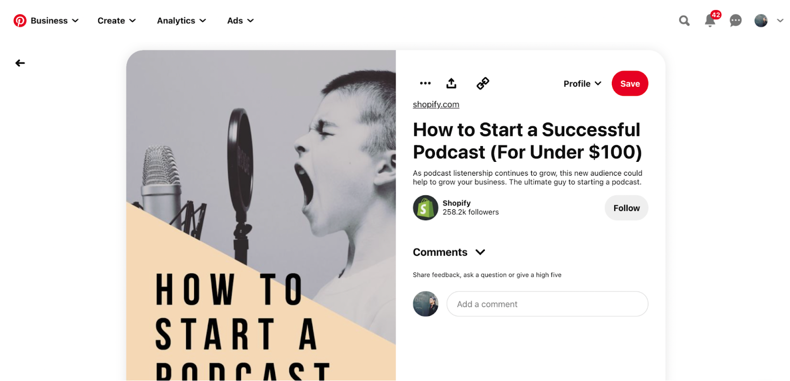 Shopify's "How To Start A Podcast" pin is well optimized for search