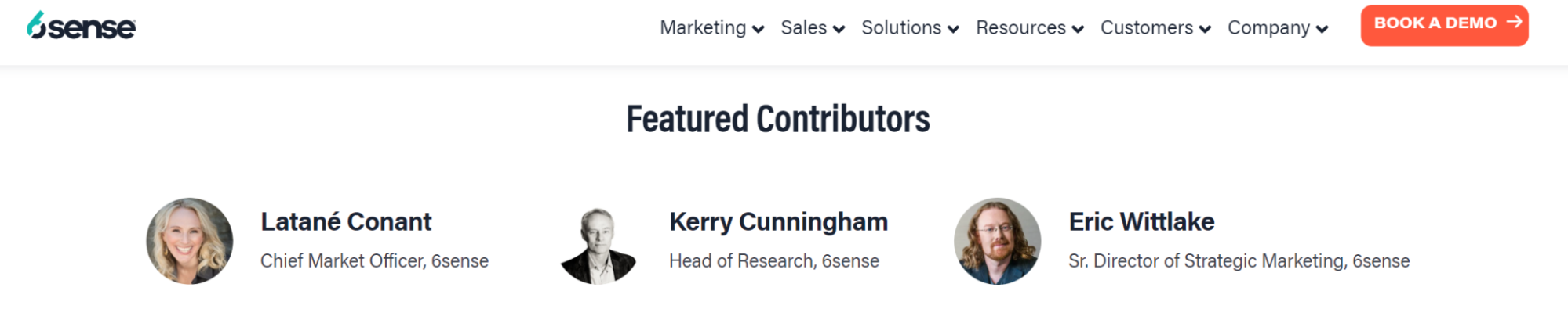 The resources page shows the 3 featured thought leaders who contribute to 6Sense's organic content.