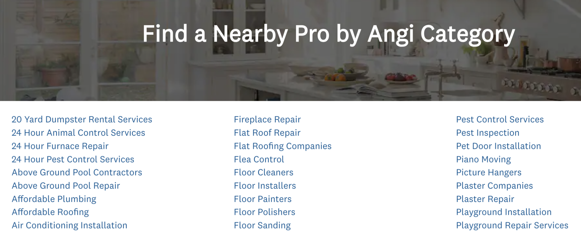 A list showing a portion of the available Angi home service categories