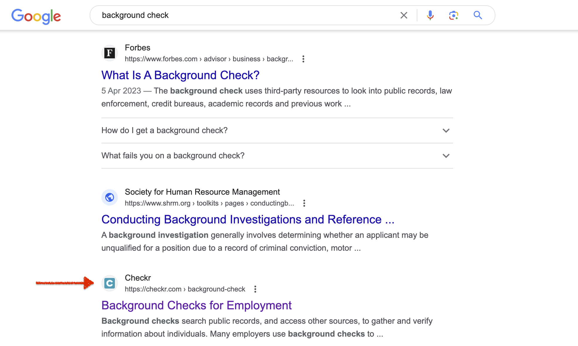 Checkr's product page ranking for the keyword "background check"
