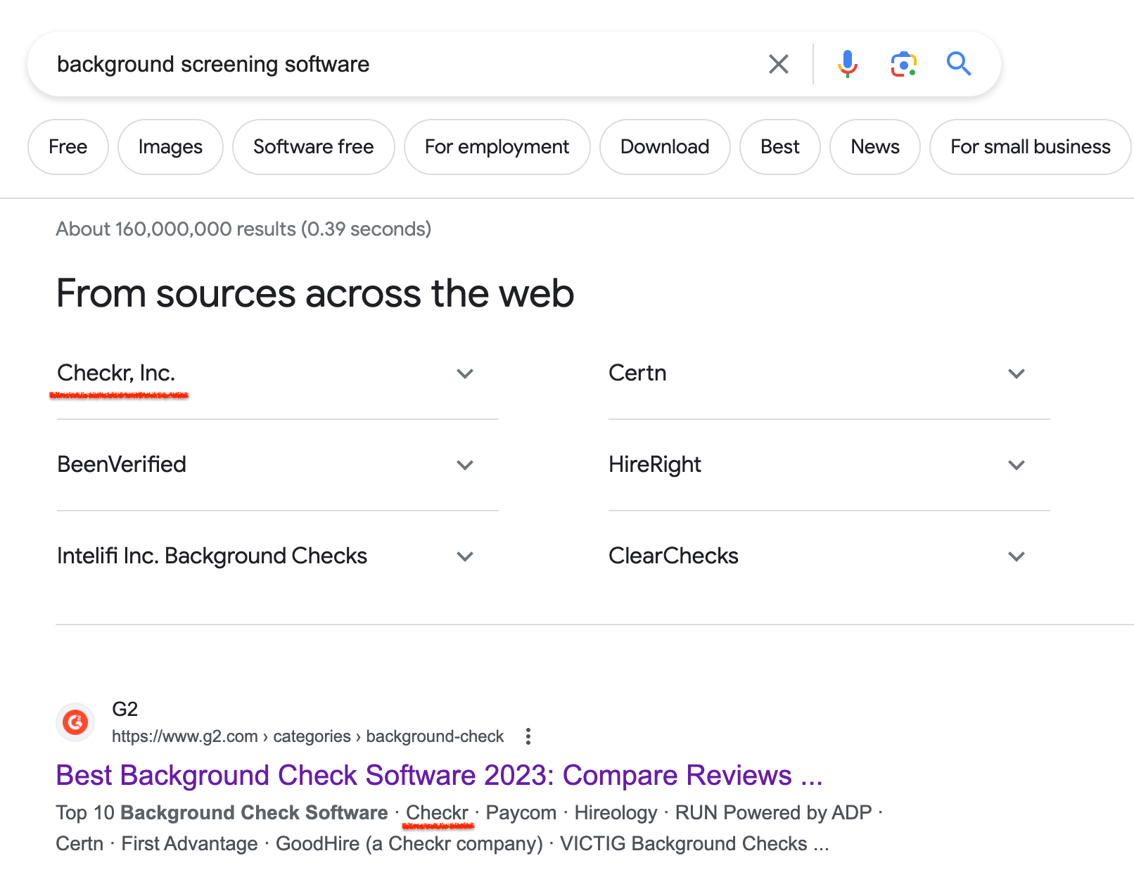 Search results for "background screening software" showing Checkr listed first