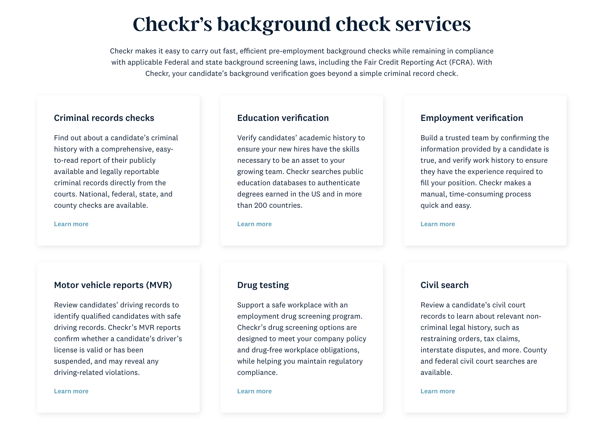 Checkr's background check page services section