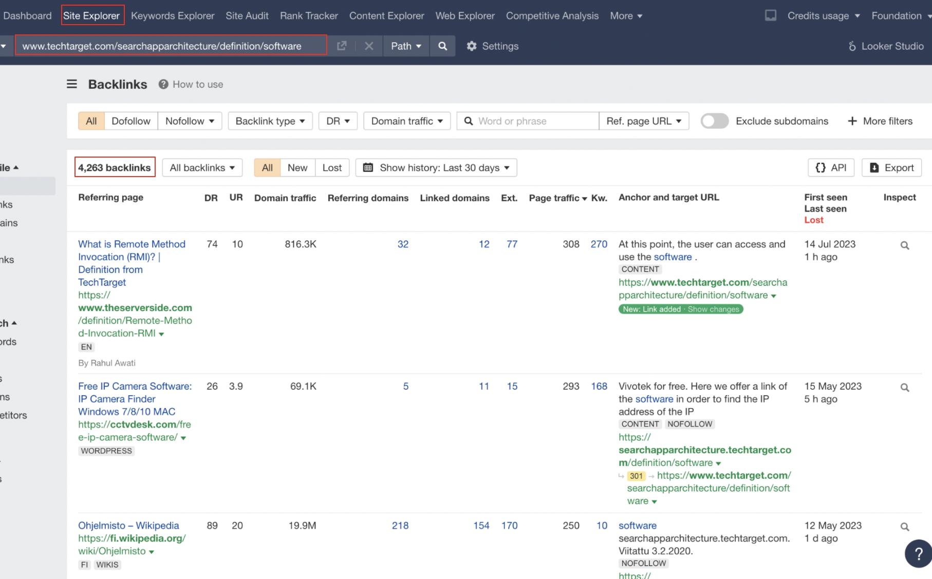 Screenshot of Ahrefs site explorer tool showing the domains linking to competitor pages
