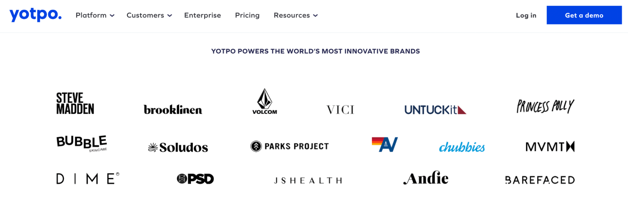 A screenshot of Yotpo's landing page with customer logos