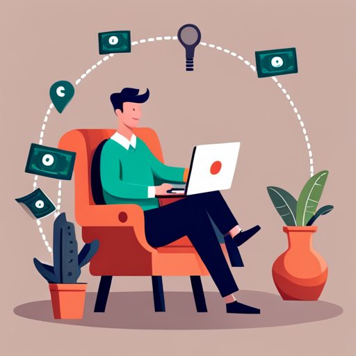 cartoon person sitting with money and ideas floating around them
