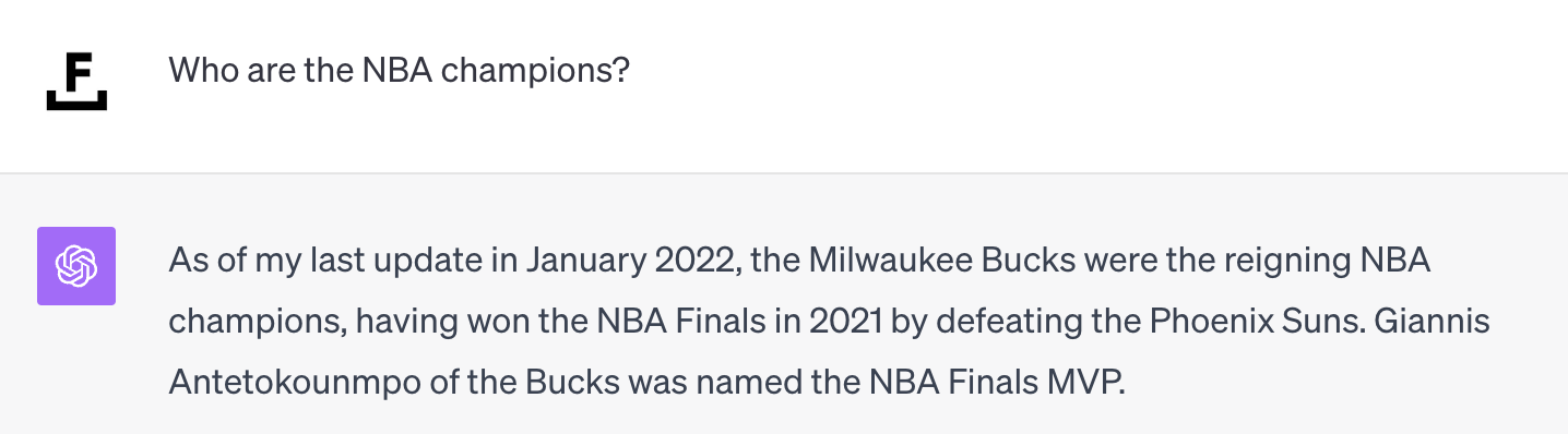 A screenshot of ChatGPT incorrectly answering who the NBA champions are