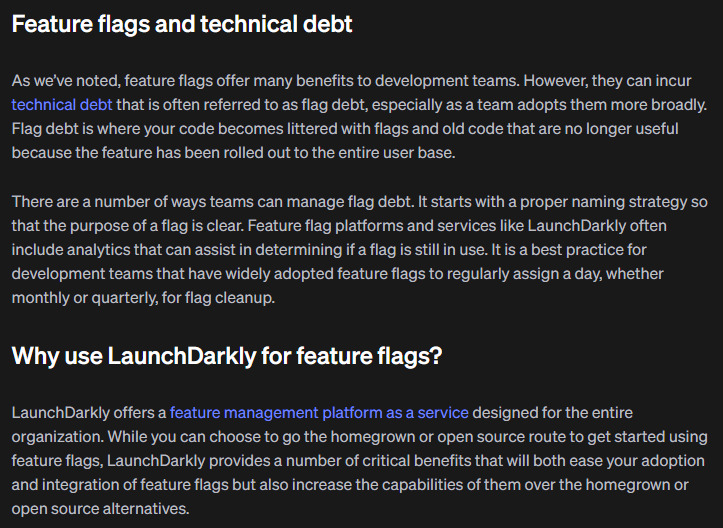 LaunchDarkly post explains how technical debt impacts feature flags.