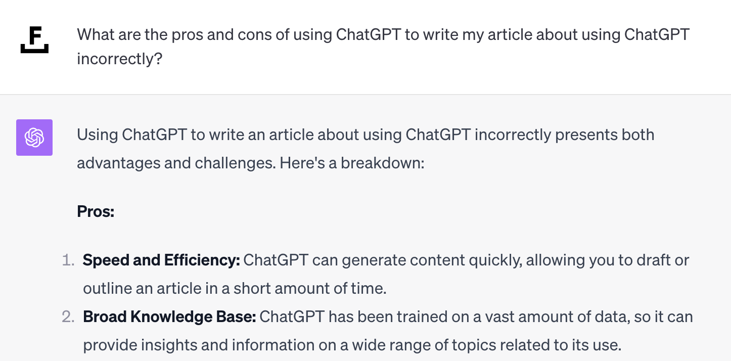 A screenshot of ChatGPT giving the pros and cons of using ChatGPT