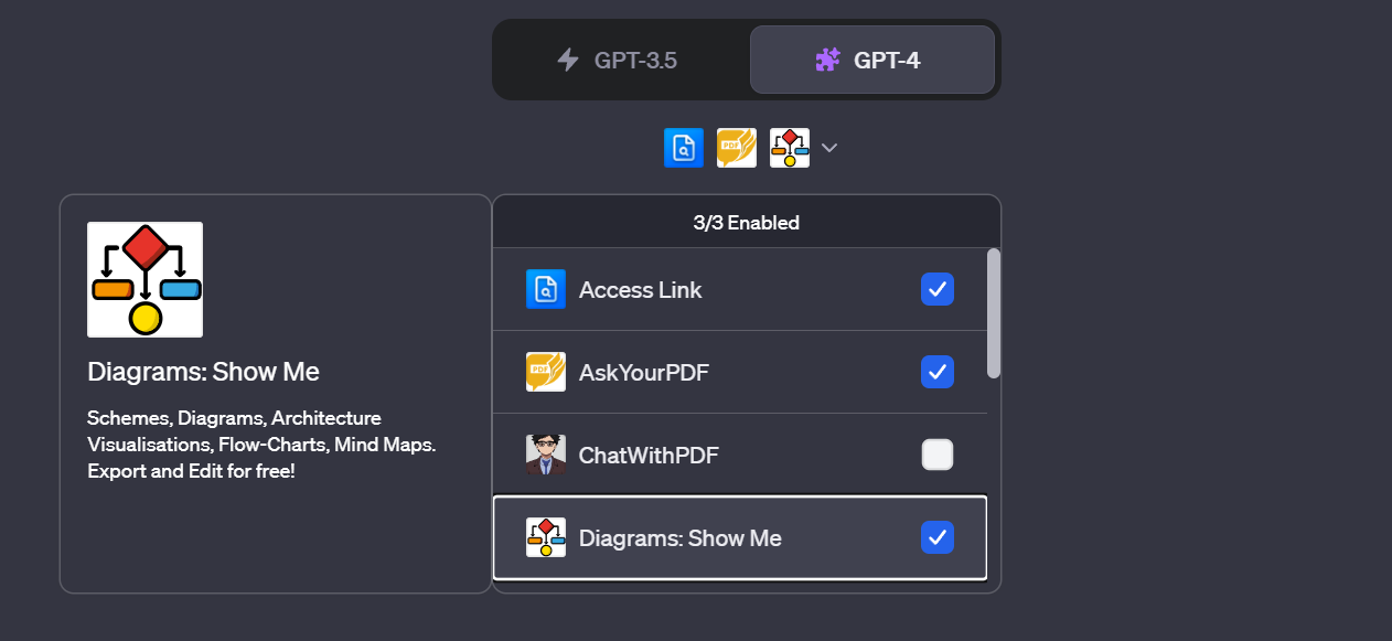 A screen showing that 3 of 3 ChatGPT plugins have been enabled