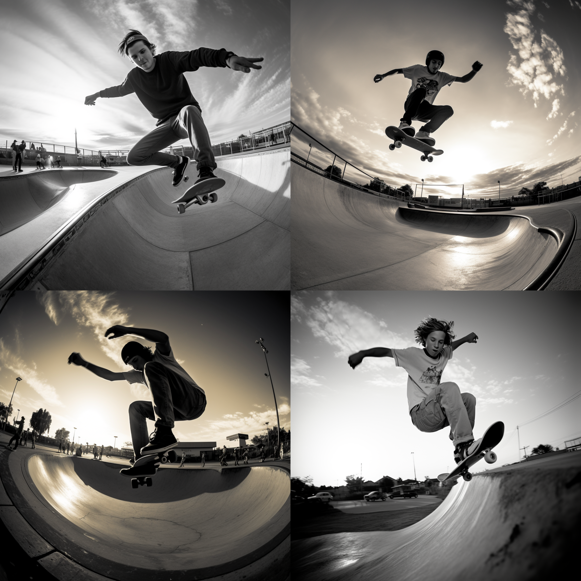 Four image options generated by Midjourney based on a skatepark shenanigans prompt