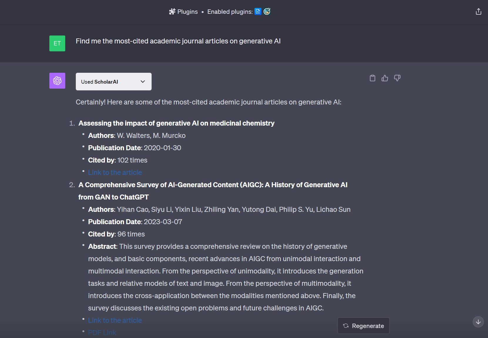 The ChatGPT Scholar AI plugin lets you search a database of over 200 million scholarly articles.