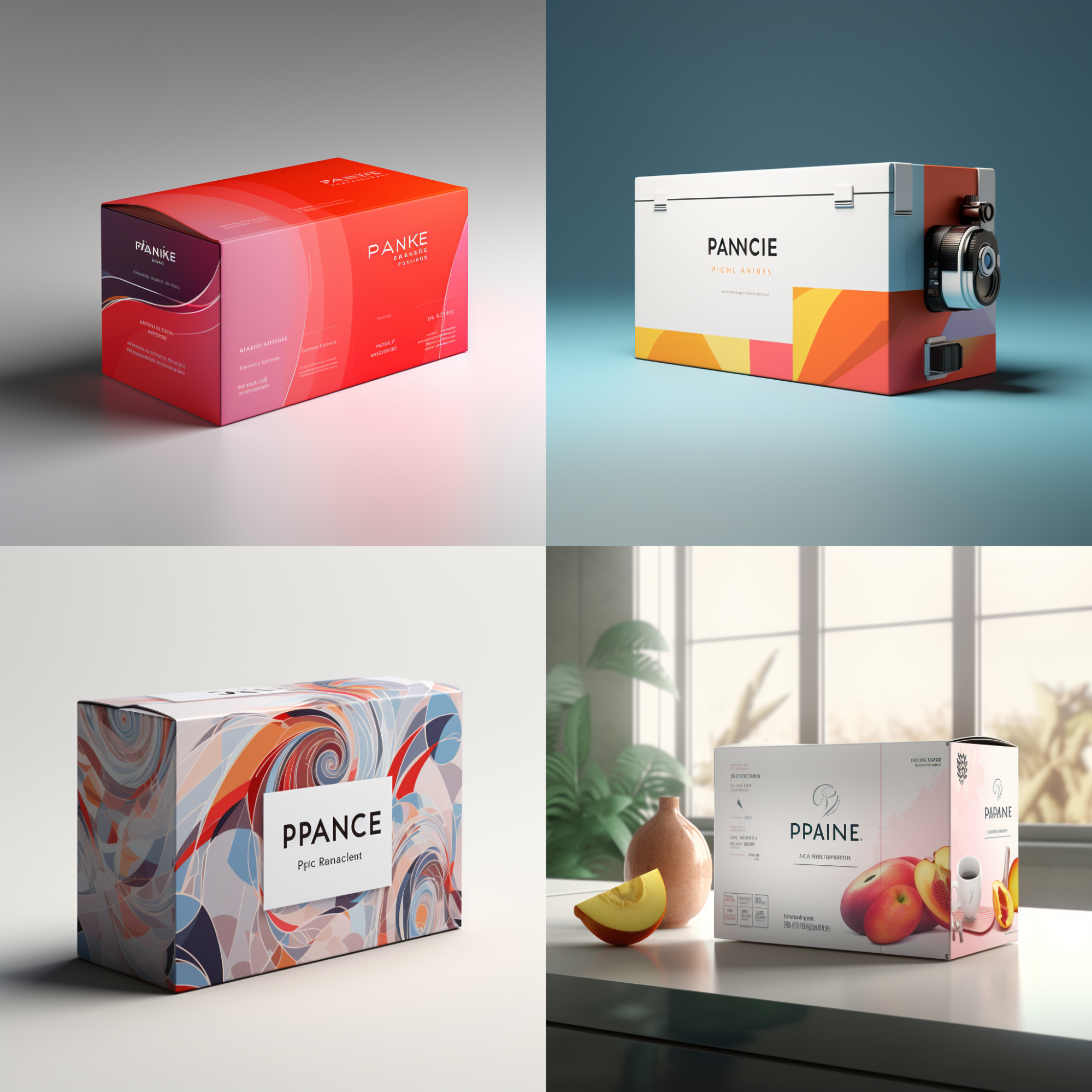 Four image options generated by Midjourney based on a packaging panache prompt