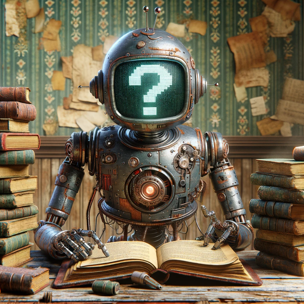 A robot trying to read a book with a question mark displayed on its monitor