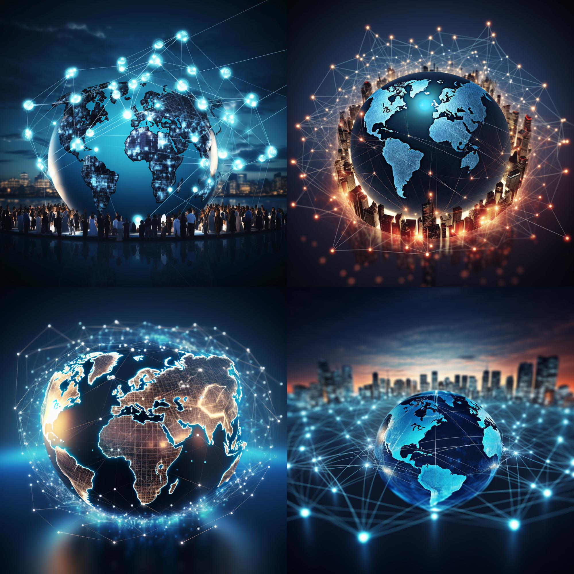 Four image options generated by Midjourney based on a global connection map prompt