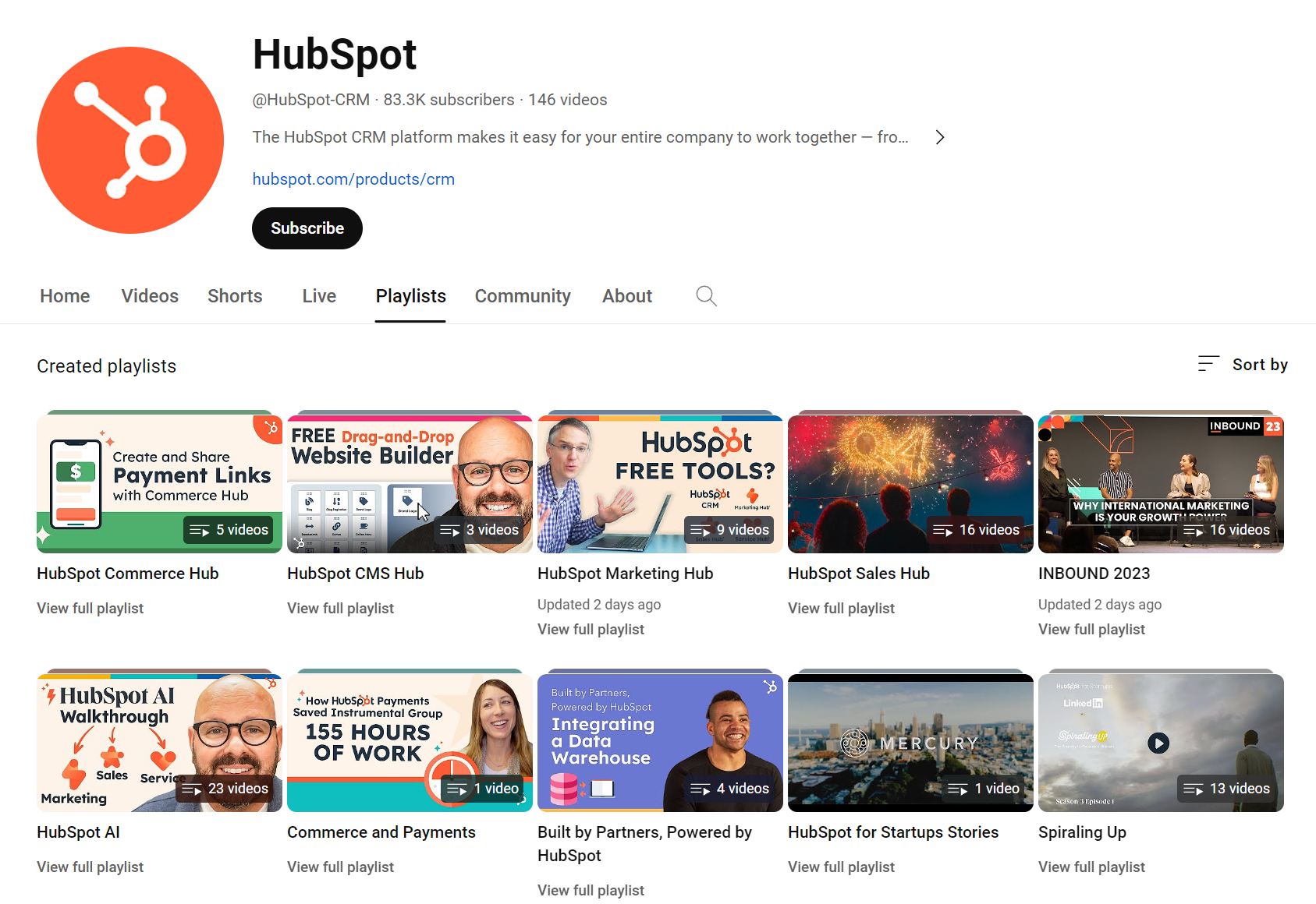 HubSpot has invested in video content creation, with a number of playlists on YouTube.