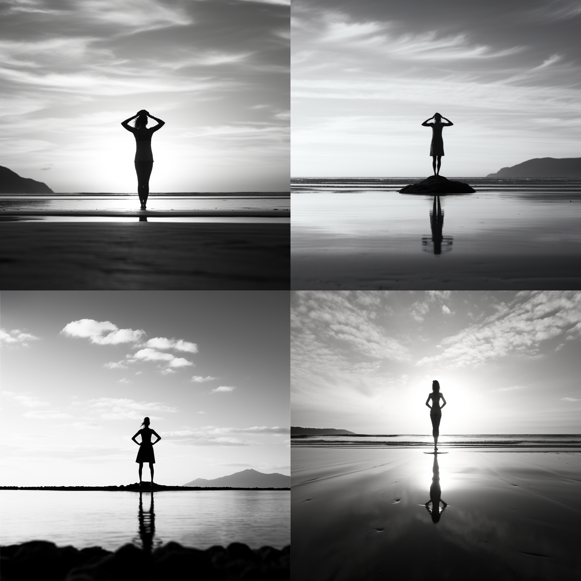 Four image options generated by Midjourney based on a beach yoga prompt