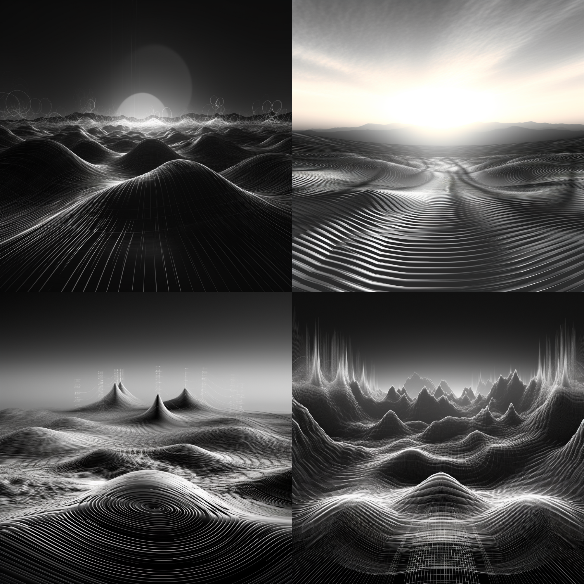 Four image options generated by Midjourney based on a radio waves render prompt