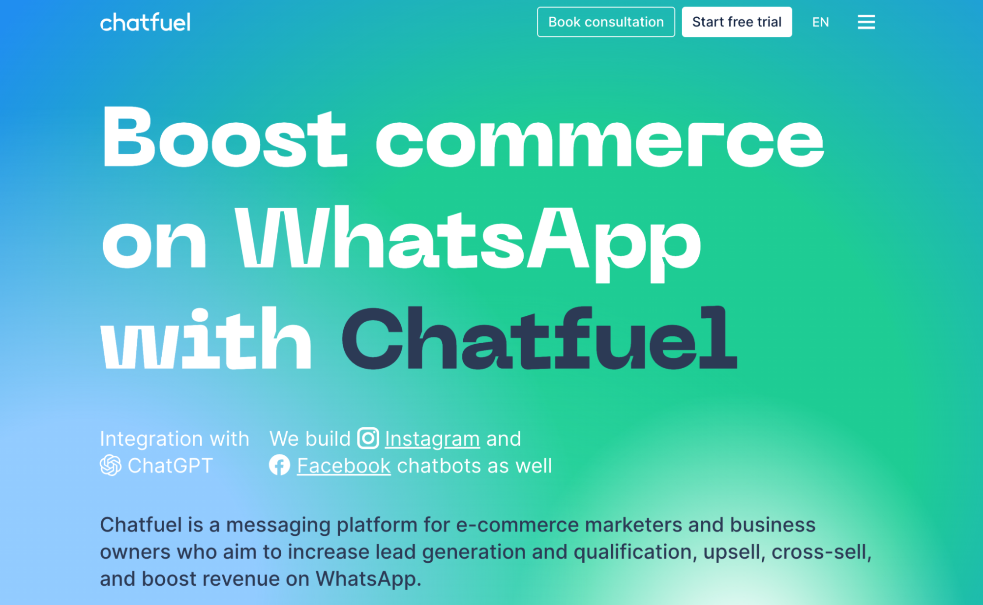 Screenshot of the chatfuel.com homepage